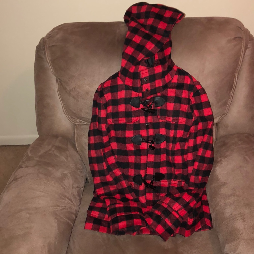 Red and black pea coat